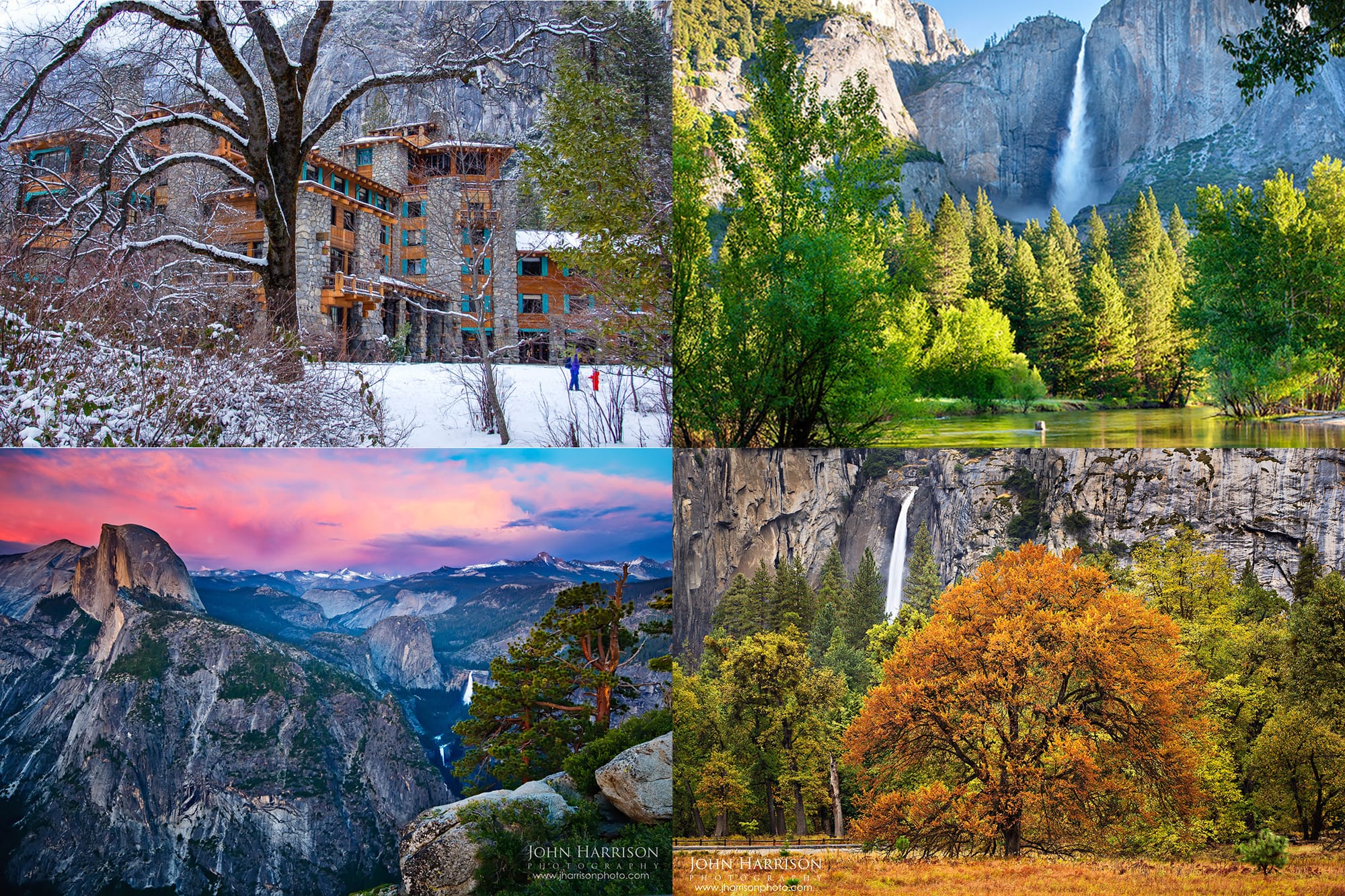 Four-season Yosemite collage showing winter, spring waterfalls, summer Half Dome sunset, and autumn color in Yosemite National Park.