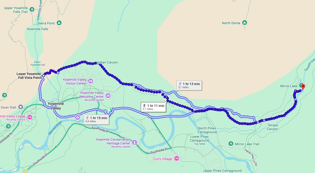 Google Maps walking route through Yosemite Valley from Yosemite Valley Lodge to Yosemite Falls, Mirror Lake, and The Ahwahnee, showing an easy winter itinerary in Yosemite National Park