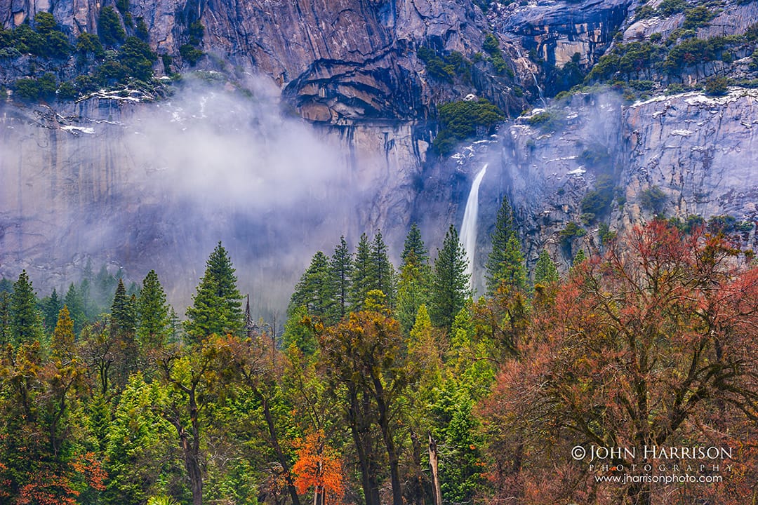 Lower Yosemite Falls surrounded by winter fog and pine forest seen from Cook’s Meadow in Yosemite Valley, Yosemite National Park, California