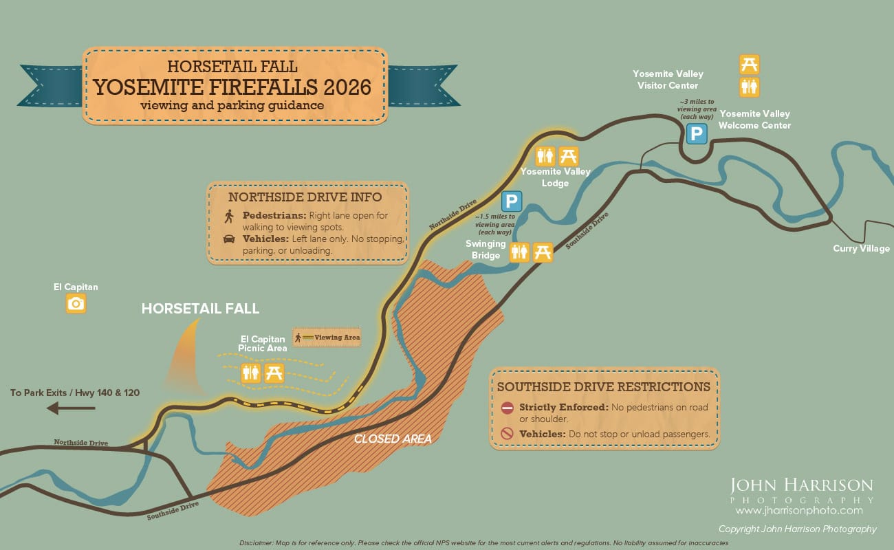 Map showing Horsetail Fall Yosemite Firefall 2026 viewing areas, parking locations at Yosemite Valley Lodge and Swinging Bridge, walking routes along Northside Drive, and road closures near El Capitan in Yosemite National Park.