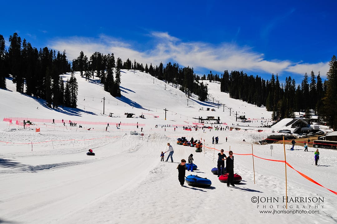 Kids laughing while snow tubing down the tubing hill at Badger Pass Ski Area in Yosemite National Park, enjoying an easy family-friendly winter activity surrounded by fresh Sierra Nevada snow and pine trees.