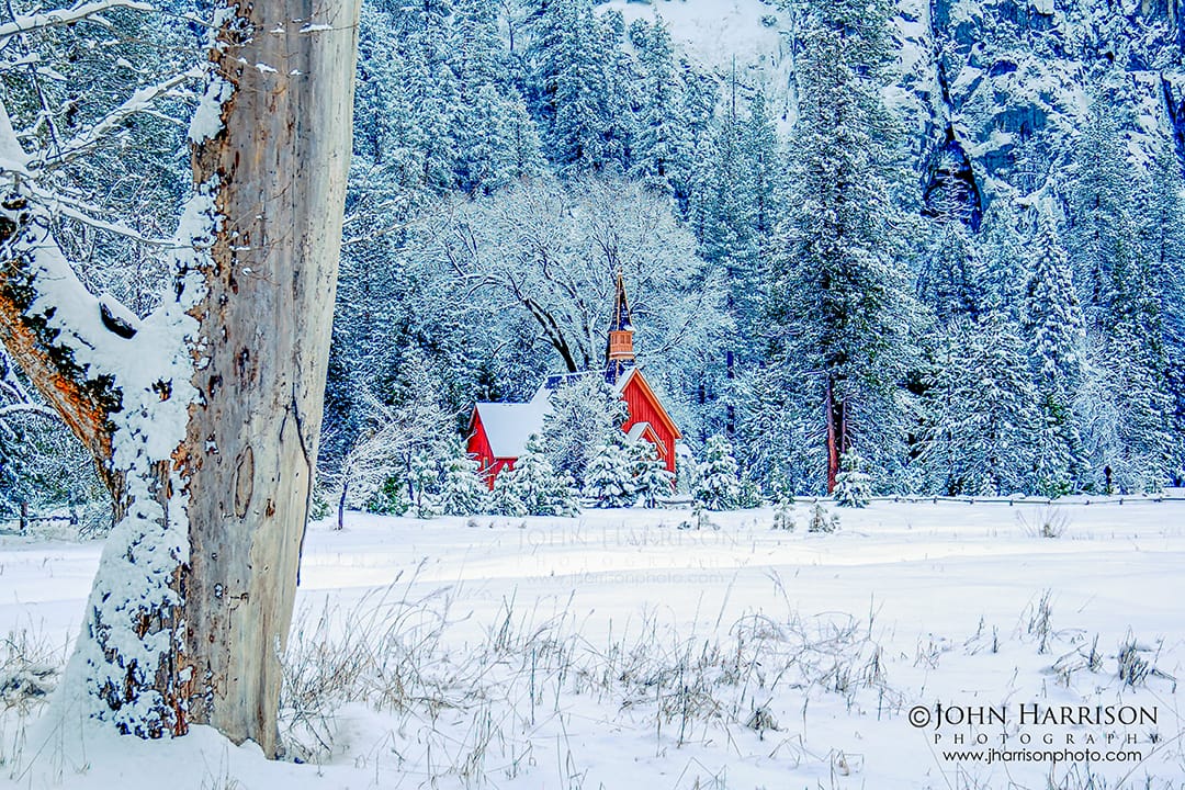 Snow-covered Yosemite Chapel surrounded by pine trees after a winter storm in Yosemite Valley, Yosemite National Park, California.