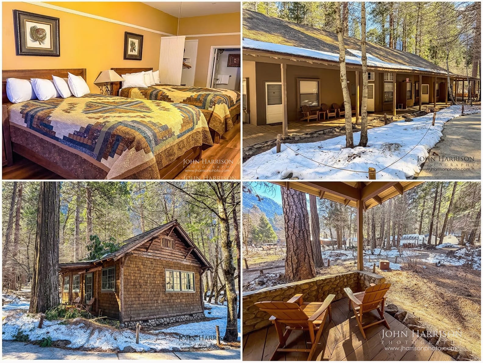 Stoneman Cottage cabins and rooms at Curry Village in Yosemite Valley showing cabin exterior, interior room, lodge row and porch seating area