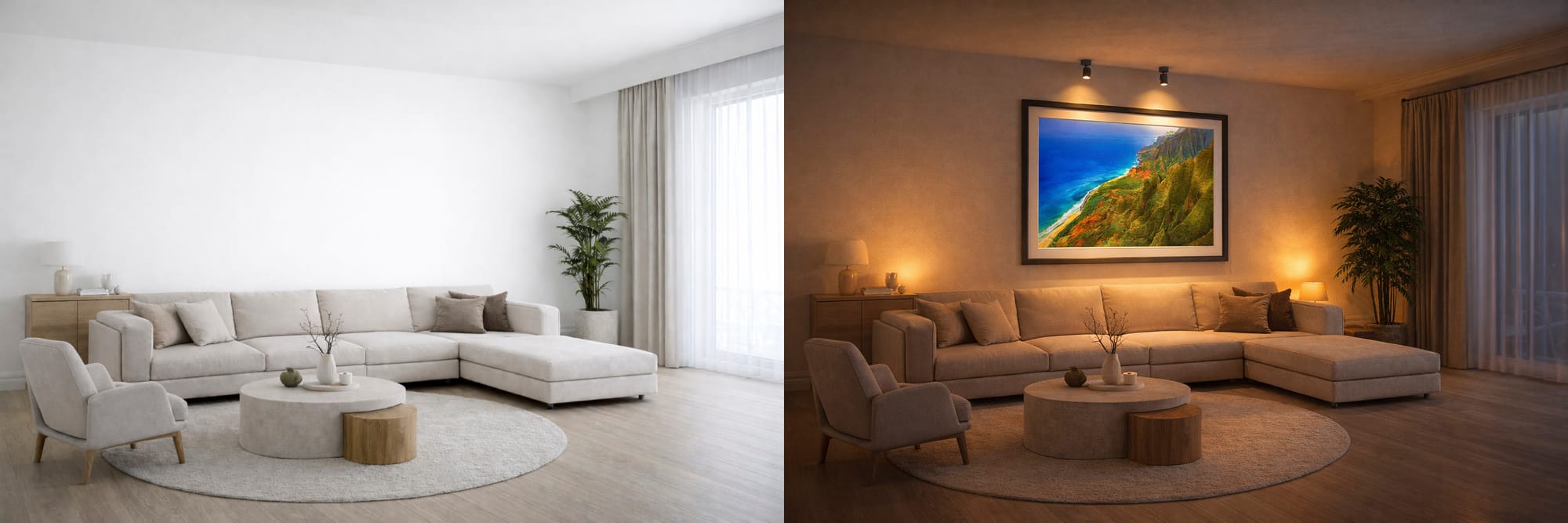 Modern living room transformed by large-scale Nā Pali Coast Kauai landscape photography installed above a sectional sofa, showing how fine art wall installations can elevate residential interiors.