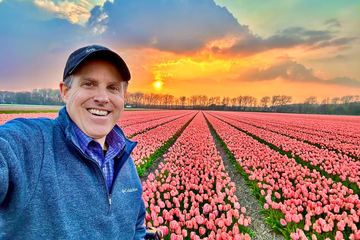 John Harrison photographing vibrant spring tulip fields in The Netherlands at sunset, with long rows of pink tulips stretching into the distance beneath dramatic golden-hour clouds.
